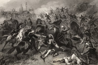 1858年に出版された「インドの反乱の歴史」から1857年にカウポアの前に反逆者を攻撃するハブロックの柱 作： English School