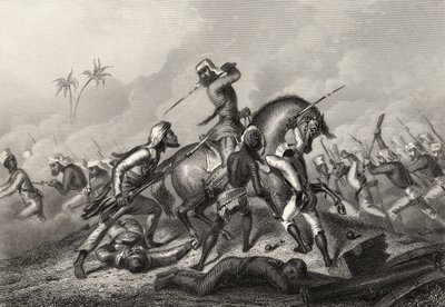 1858年に発表された「インドの反乱の歴史」から、カウポアの前に反逆者を攻撃するハブロック列 作： English School