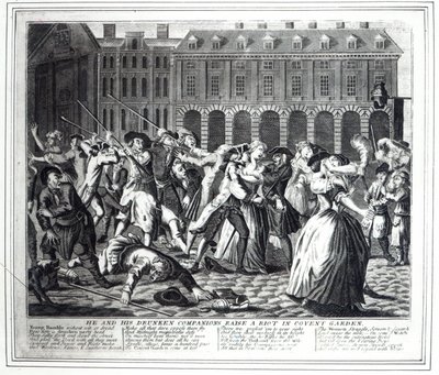 彼と彼の酒に酔った仲間は、1735年のホガースの「レーキの進歩」に基づく海賊版シリーズから、コベントガーデンで暴動を起こします。 作： English School