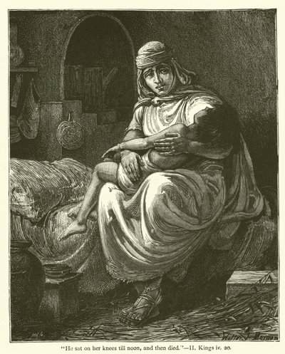 "彼は正午まで彼女の膝の上に座っていて、そして死んだ", II, Kings, iv, 20 (carving) 作： English School