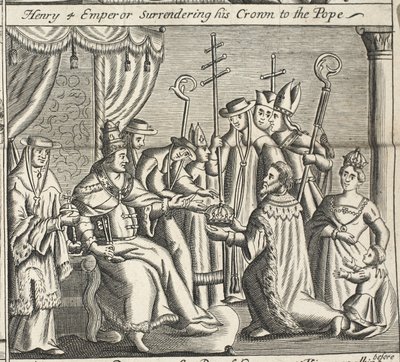 ヘンリー4皇帝が王冠をローマ法王に降伏させた。 1684 作： English School