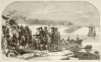1609年、インディアンに酒を勧めるヘンリー・ハドソン（リトグラフ） 作： English School