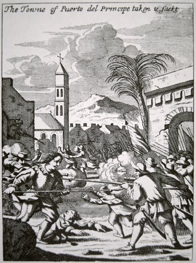 1668年、キューバのプエルト・デ・プリンシペの町を占領したヘンリー・モーガン（1699年に出版されたジョン・エスクメリングの「The Buccaneers of America」からの挿絵 作： English School