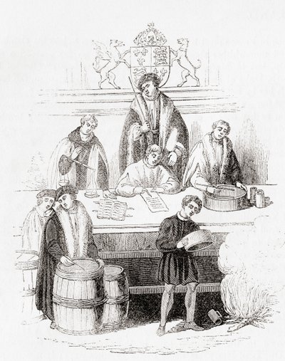 1497 年に財務省で行われたヘンリー 7 世の度量衡の試み、オールド イングランドより: 絵画博物館、パブ。 1847年 作： English School
