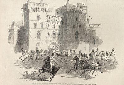 1845年6月14日の「The Illustrated London News」より、女王陛下、アスコットレースのためにウィンザー城を去る輝かしい訪問者とスイート 作： English School
