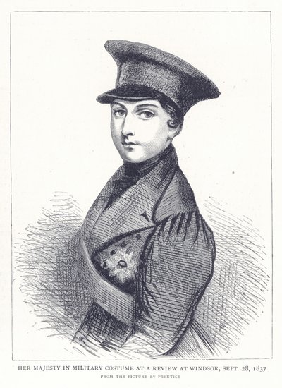 1837年9月28日ウィンザーでのレビューでの軍事衣装の女王 作： English School