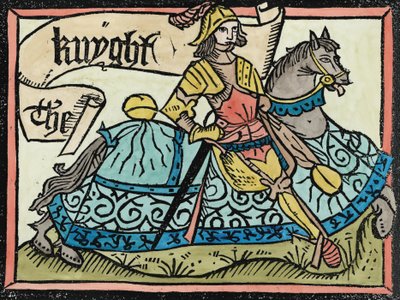 ベジネス・ザ・ナイツ・テール、ウィリアム・キャクストン（c.1422-91）によって印刷されたジェフリー・チョーサー（c.1345-1400）によるカンタベリー物語のイラスト1434（後の色付け） 作： English School