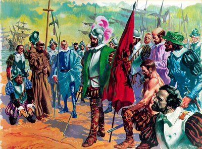 1519年にメキシコに到着したヘルナンドコルテス 作： English School