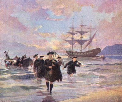 ヘクター号」からノヴァ・スコシア州ピクトーに到着したハイランド入植者たち（1773年）（カラーリトグラフ 作： English School