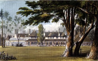 芝生から見たウィンザー・グレート・パークの陛下のコテージ（R.アッカーマン（1764-1834）の「芸術のリポジトリ」より 作： English School