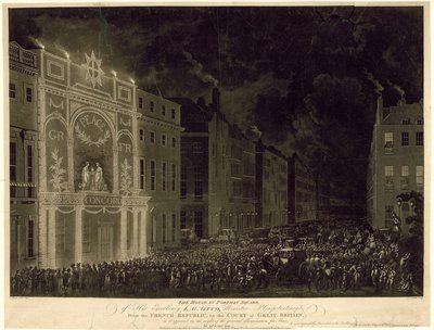 1802年4月29日、平和を祝うためにライトアップされたフランス大使のポートマンスクエアの家 作： English School