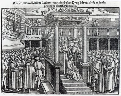 ヒュー・ラティマー（1485-1555年頃）1547年にウェストミンスターでエドワード6世（1537-53）の前で説教し、ジョンフォックス（1516-87）1563の 『行為と記念碑』より 作： English School