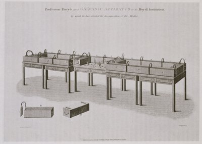 王立研究所のハンフリーデービー（1778-1829）ガルバニック機器、1808年発行 作： English School