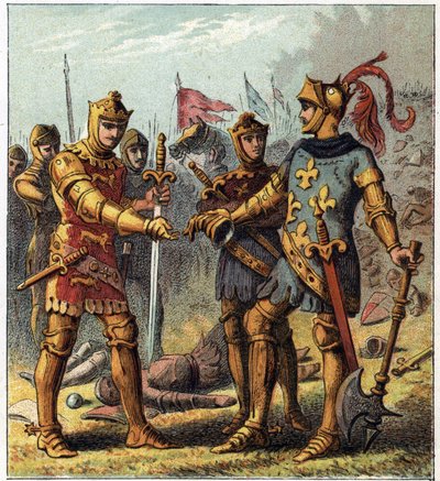 百年戦争：ポワティエの戦い（1356年）。フランス王ジョン2世（1319-1364）は敗北を認め、イングランド王エドワード・プランタジネット（Edward of Woodstock Brackembury 作： English School