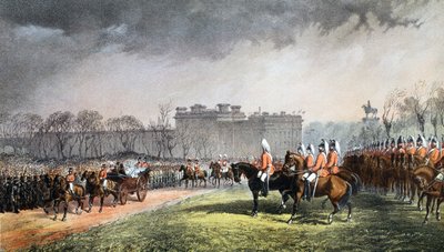 ハイドパーク-1863年3月7日、エドワード7世の結婚の記念碑とパブ、デンマークのアレクサンドラからボランティアの行列を通過するプリンセス。 1864 作： English School