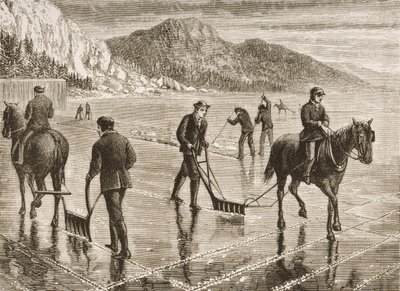 1876年、ニューヨーク州ハドソン川のアイスハーベスト、「アメリカンピクチャーズ」より 作： English School