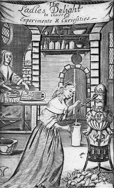 Hannah Woolleyによる「Ladies Delight in Choice実験と好奇心」のイラスト、1672年 作： English School