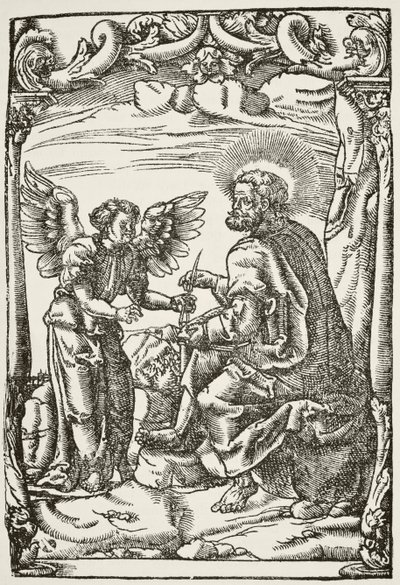 1525年にケルンで出版された、ウィリアムヒックマンスミスアウブによるイングランドの国内および国内史からの、新約聖書のティンダレス最初の英語訳の冒頭からのイラスト 作： English School