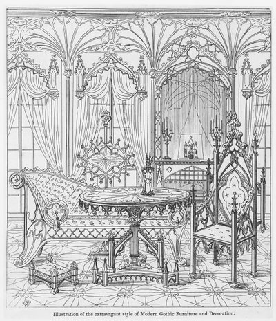 アウグストゥスウェルビーピュージン作（1812-52）による、キリスト教建築の「尖った真の原理」によるモダンなゴシック様式の家具と装飾の贅沢なスタイルのイラスト 作： English School