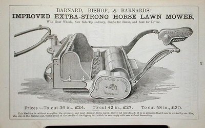 Improved Extra-Strong Horse Lawn Mower、Barnard Bishop & Barnard社発行の園芸カタログのイラスト。 作： English School