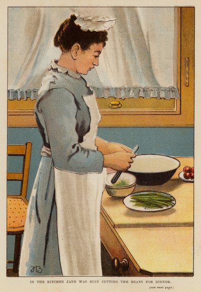 キッチンではジェーンが夕食用の豆を切るのに忙しかった（カラーリトグラフ） 作： English School