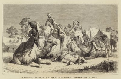 インド、行進の準備をしている先住民の騎兵連隊のラクダ乗り（エングレービング 作： English School