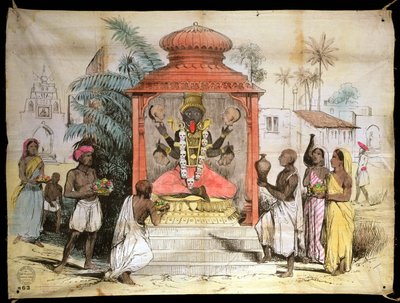 インド、カーリーの人物像と崇拝、1850年頃（インクと布で洗う） 作： English School