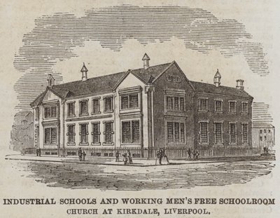 リバプール、カークデールの産業学校と労働者自由学校教会（彫刻 作： English School