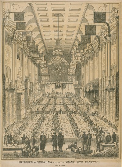 1837年11月9日の大規模な市民宴会中のギルドホールの内部 作： English School
