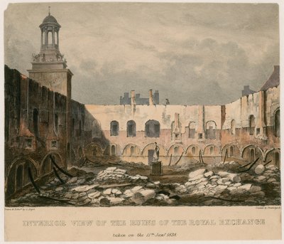 1838年1月11日に撮影されたロンドン王立証券取引所の遺跡の内部ビュー 作： English School