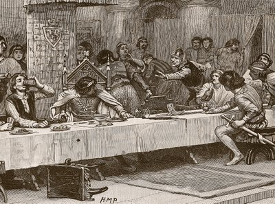 Balliolsのクリスマスディナーの中断、Cassells Illustrated History of England（sepia写真）のイラスト 作： English School