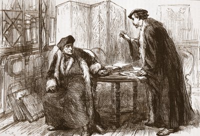 エラスムスとカルバンの間のインタビュー、ジェームス・エイトケン・ワイリー（1808-1890）によるパブのプロテスタンティズムの歴史からのイラスト。 1878 作： English School