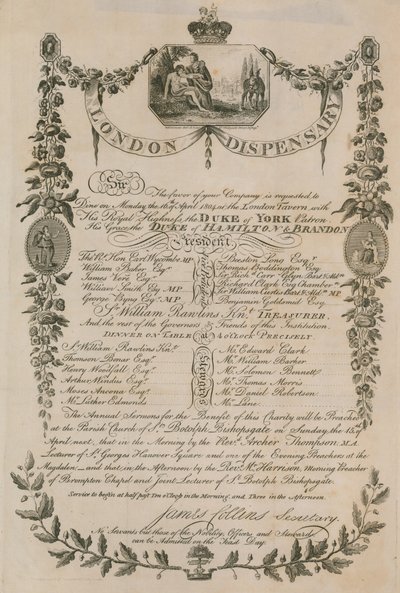 1804年4月16日、ロンドンの薬局がロンドンタバーンで開催したディナーへの招待 作： English School