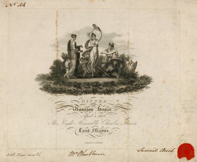 1809年4月3日、ロンドンのマンションハウスでの市長主ディナーへの招待 作： English School