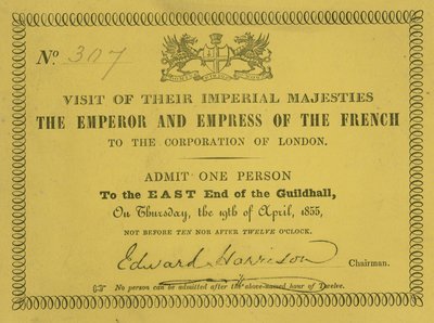 1855年4月19日、ロンドンのギルドホールでの皇帝陛下、フランス皇帝、皇后両陛下の訪問のご招待 作： English School