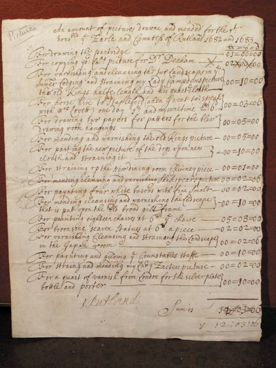 ウィリアム・シェイクスピアの肖像画（1682年頃）（紙にインク）のクリーニングのためのインボイス 作： English School
