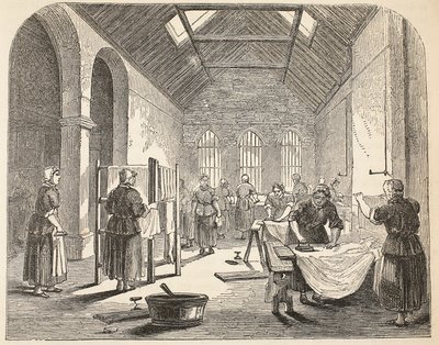 ブリクストン刑務所のアイロン掛け室、ロンドンの刑務所刑務所のイラスト、ヘンリーメイヒューとパブのジョンビニーによる刑務所生活のシーン。 1862 作： English School