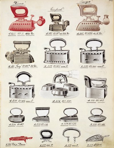 家庭用品および付属品の貿易カタログからのアイロン、c.1890-1910 作： English School