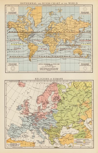 世界の等温・風速図；ヨーロッパの宗教（カラーリトグラフ） 作： English School