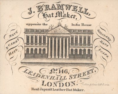 Jブランウェル、帽子メーカー、146 Leadenhall Street、トレードカード 作： English School