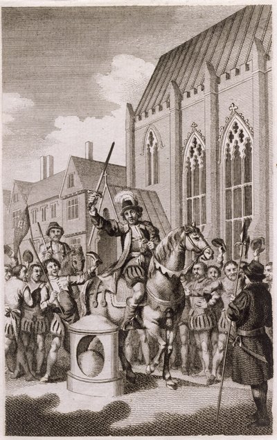 1450年のジャックケイズの反乱：ケイドはロンドンストーン、キャノンストリート、c.1770でロンドン市の主を宣言した 作： English School