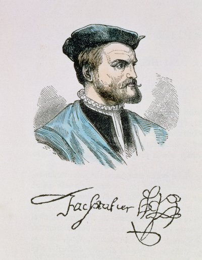 ジャックカルティエ（1491〜1557）の「アメリカの物語と批評の歴史」第4巻、1886年（後の色付け）のイラスト 作： English School