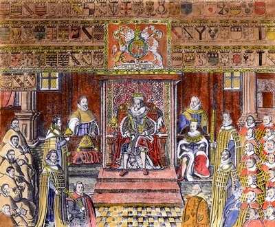 イングランドのジェームズ1世（1566-1625）、法廷、（彫刻）（後の着色） 作： English School