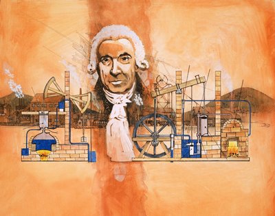 窯と機械式ポンプを背景に持つジェームズ・ワット 作： English School
