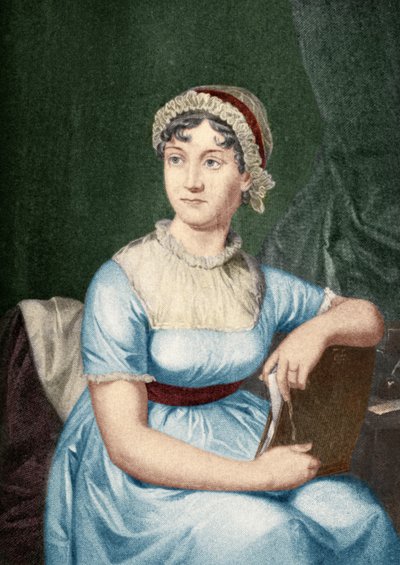 「有名な女性の家への小さな旅」からのジェーンオースティン（1775-1817）のイラスト、1897年発行（後の色付け） 作： English School