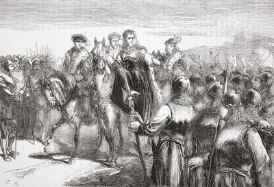 ユグノーの兵士を演じるナバールの女王、ジャンヌダルブレ。ジェームズエイトケンワイリー（1808〜1890年）のプロテスタンティズムの歴史のイラスト。 1878 作： English School