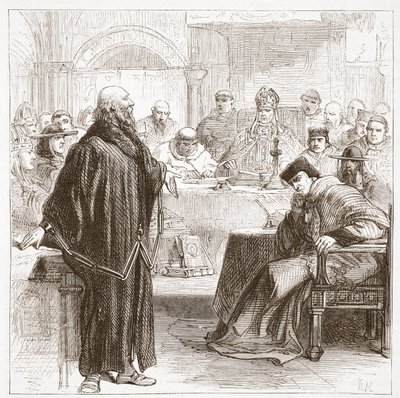 ジェロームが裁判で話している、ジェームス・エイトケン・ワイリー（1808-1890）によるパブのプロテスタンティズムの歴史のイラスト。 1878 作： English School