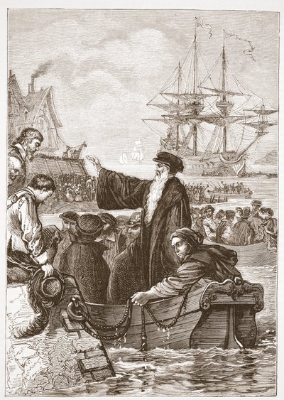 ジョン・アラスコと彼の会衆がイギリスを去る、ジェームス・エイトケン・ワイリー（1808-1890）によるパブのプロテスタンティズムの歴史からのイラスト。 1878 作： English School