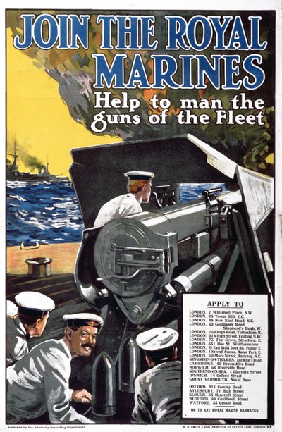 Royal Marinesに参加-第一次世界大戦の艦隊の銃を募集するポスター 作： English School