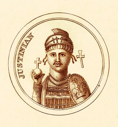 ユスティニアヌス、1825年に出版されたGeorge Crabbのユニバーサルヒストリカルディクショナリーのイラスト（デジタル処理された画像） 作： English School